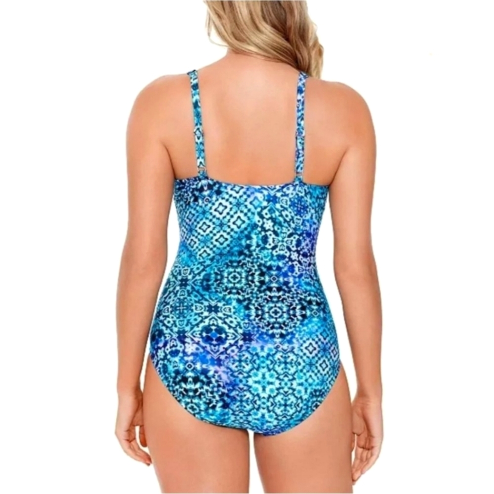 Swim Solutions Blue Santorini Printed Strappy Front One-Piece Swimsuit Size 8 - Picture 2 of 9